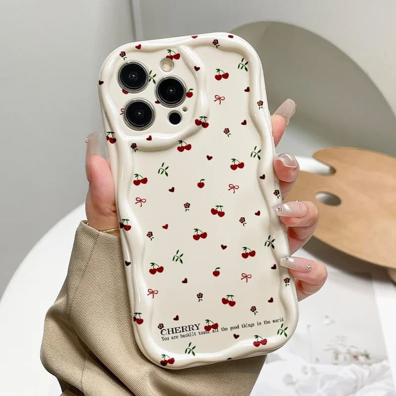 Cherry Bowknot Cream Phone Case For iPhone 17 17E 16 16E 15 14 13 12 11 Pro Max 14 15 16 Plus 3D Wavy Edge Soft Silicone Cover