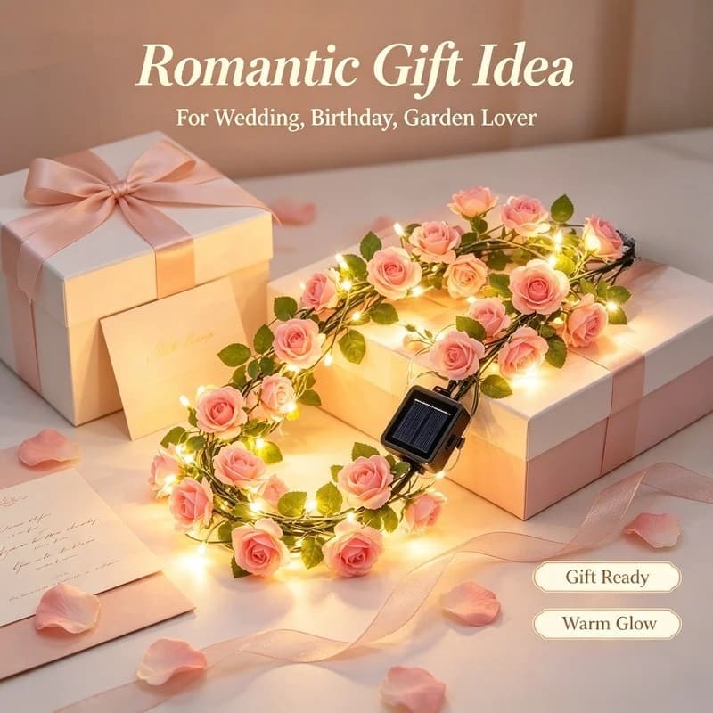 Solar Rose Vine String Lights, LED Flower Fairy Lights for Garden Patio Wedding Romantic Decor Gift