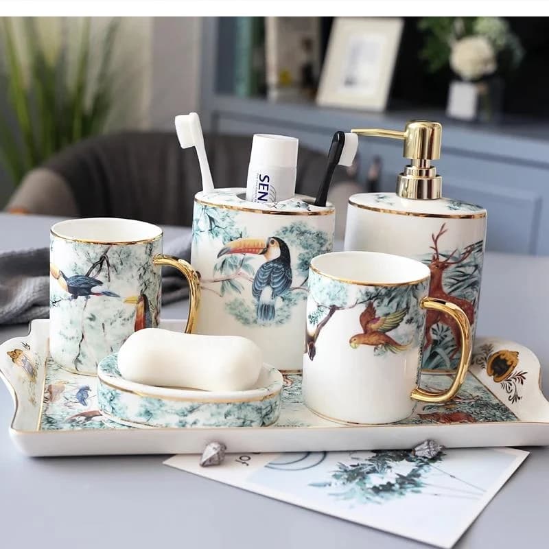 Set da bagno in ceramica di lusso stile pastorale europeo, 5 pezzi, portaspazzolino con vassoio, idea regalo per matrimonio.