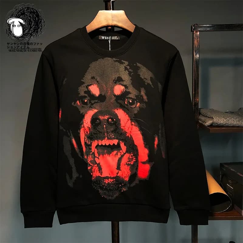 Felpa con Cappuccio Rossa con Testa di Cane Grande, in Puro Cotone, Autunno Inverno, Moda Studenti, Casual, con Zip e Collo Rotondo
