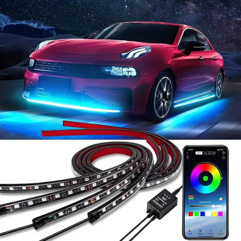 Neon LED RGB Luce inferiore sottosmalto per auto Controllo remoto/APP Striscia LED flessibile impermeabile Lampada decorativa per luce sottoscocca per auto