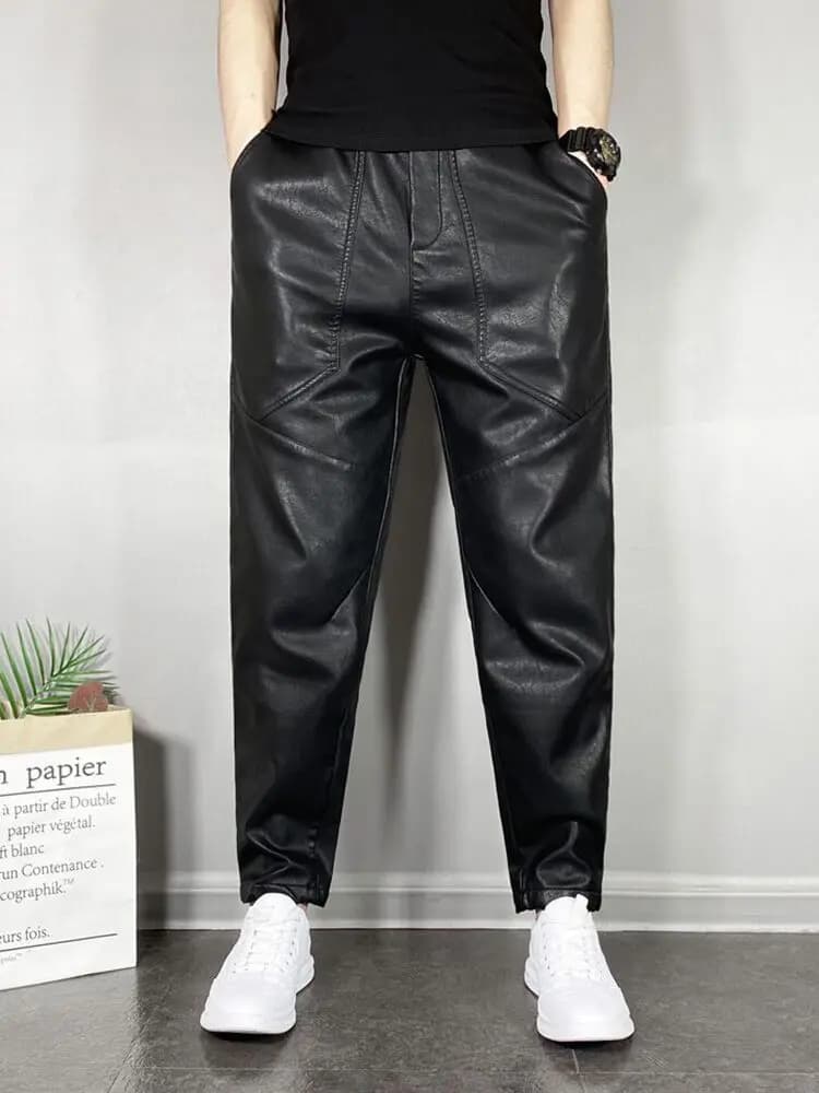 Pantaloni da motociclista in pelle da uomo, caldi, foderati in pile, ispessiti, impermeabili, antivento, casual, a gamba dritta, a nove punti, per autunno e inverno