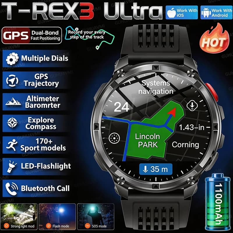 Smartwatch GPS Militare da Esterno 1100mAh per Uomo, Display Grande da 1,7 Pollici, Bussola, Orologio Sportivo, Impermeabile 10ATM, Chiamate, Nuoto