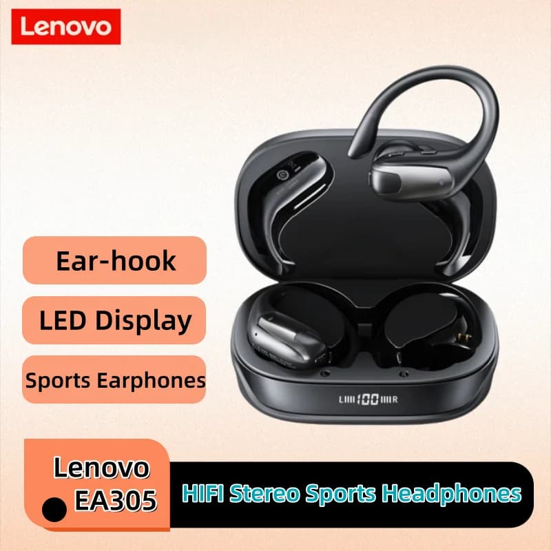 Auricolari Lenovo EA305 OWS Bluetooth Wireless con Driver da 14.2mm, Display Digitale LED, Audio Panoramico, Cuffie Open-Ear con Gancio
