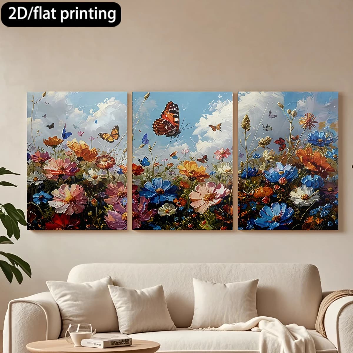 Decorative painting on canvas with wooden frame, 3 pieces. Field of flowers, butterflies, sunny sky. Hall decoration, living room.