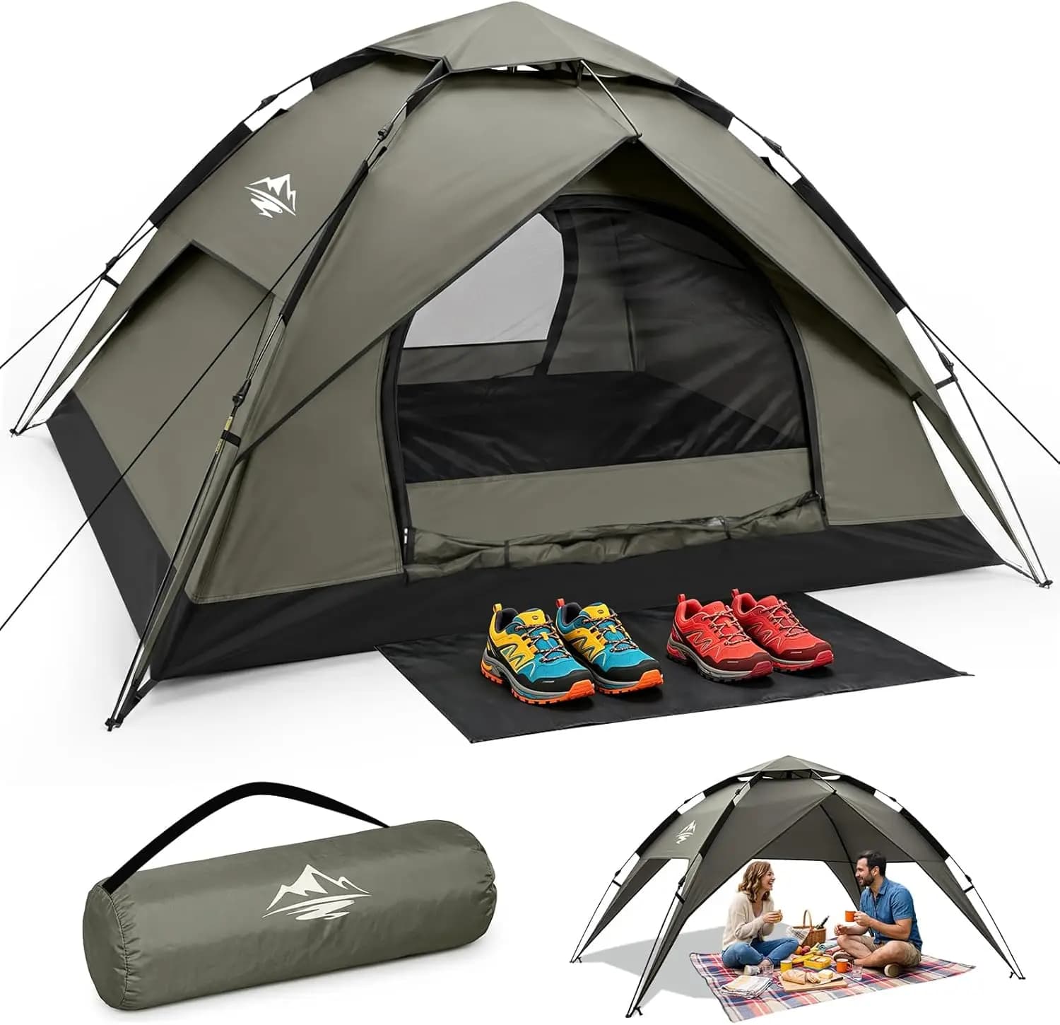 Tenda da campeggio 2 3 4 persone, tenda da trekking istantanea pop-up, montaggio automatico, telo antipioggia, doppio strato, impermeabile, antivento, tappetino di benvenuto
