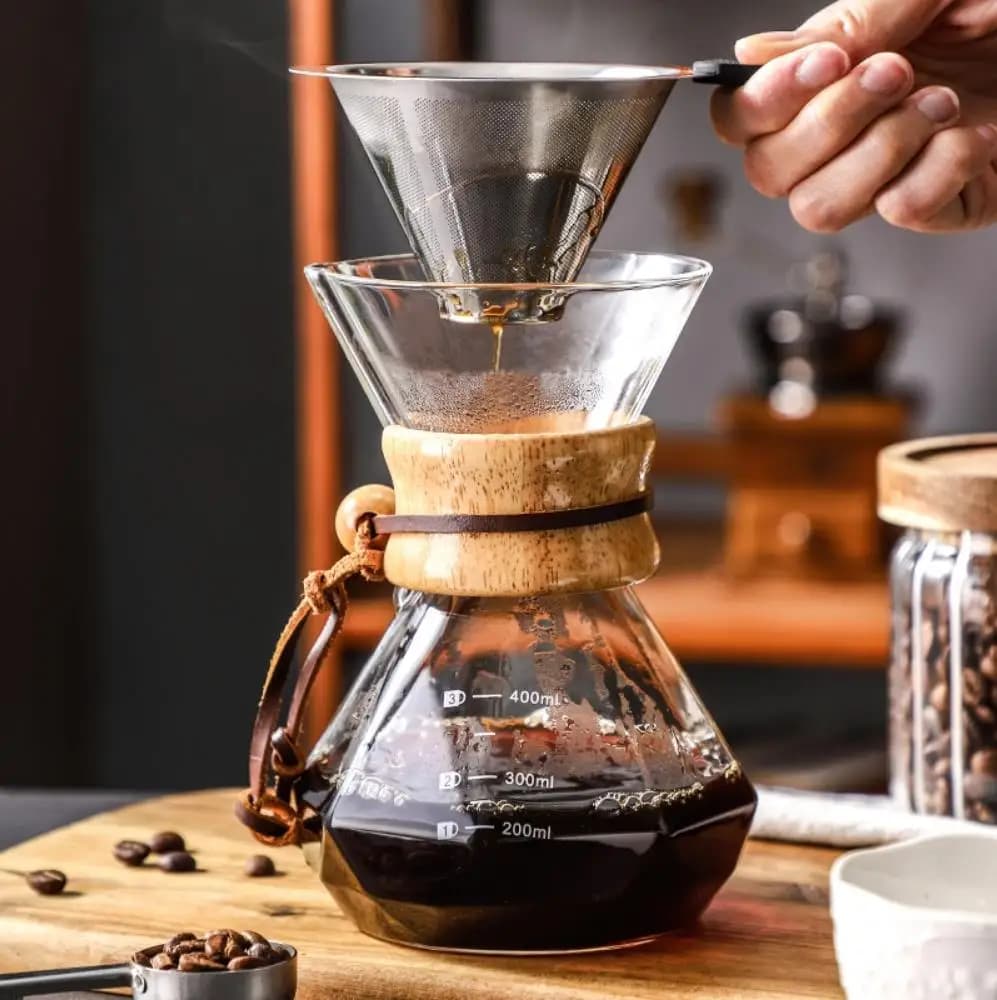 Caffettiera in vetro con filtro in acciaio inossidabile Drip Brewing Hot Brewer Caffettiera prodotta a mano con filtro Versare sopra la caffettiera