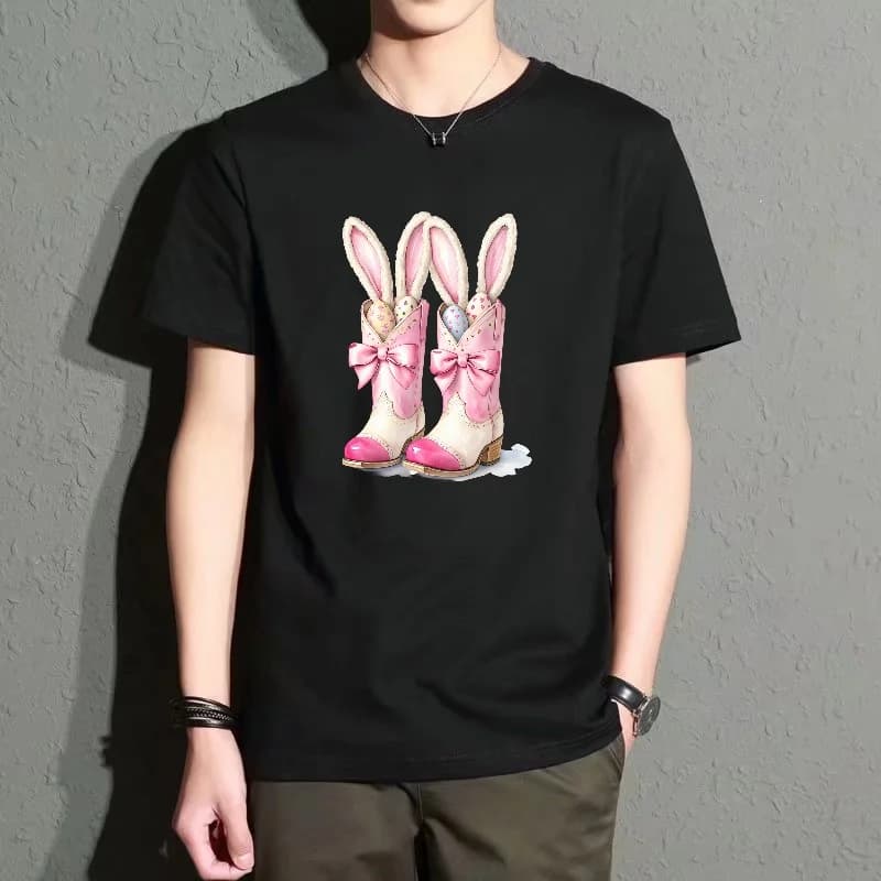 Men's Black Round-Neck Short-Sleeved T-Shirt with Rabbit Boot Print Pattern, Casual Everyday Versatile Top, Comfortable, Breathable, Trendy Street Style