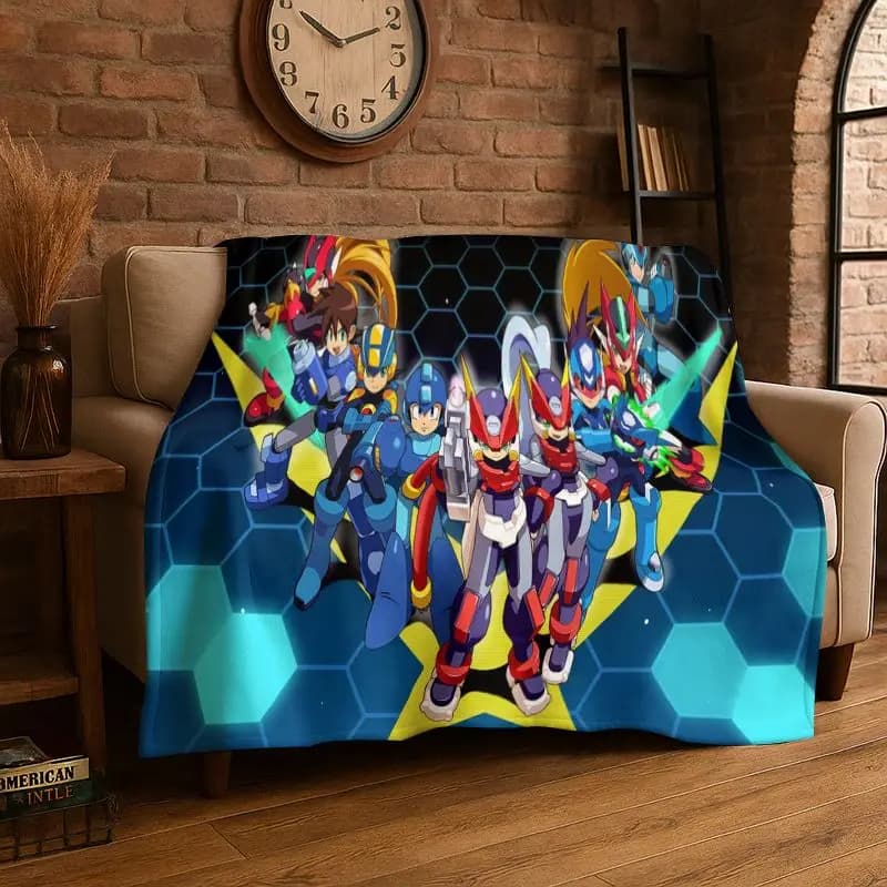 Retro Rockman Mega Man Game Cartoon Flannel Blanket Soft Warm Throw Blanket for Bedroom Living Room Bed Travel Camping Picnic