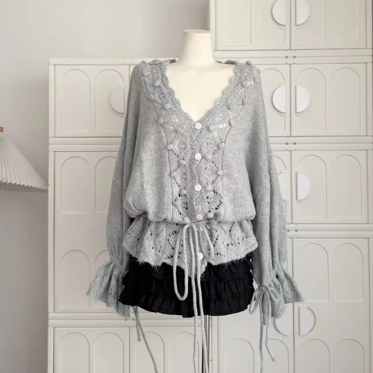 Gagarich Lazy Style Loose Hollow Hook Flower V-neck Sweater Women 2025 Autumn Korean Design Drawstring Hemp Knitted Cardigan