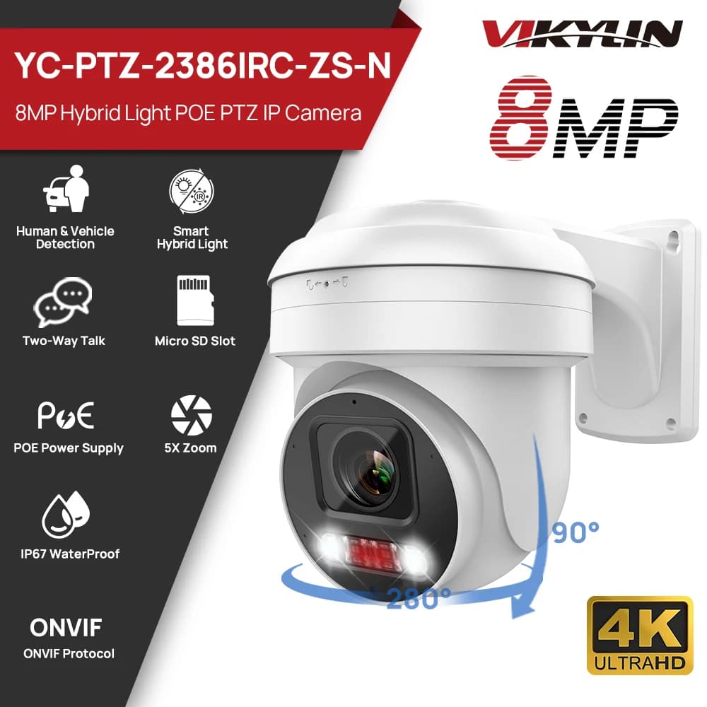 Telecamera IP Vikylin PTZ con Zoom Ottico 5X, 8MP, Audio Bidirezionale, Illuminazione Intelligente, IP67, per Videosorveglianza Esterna POE