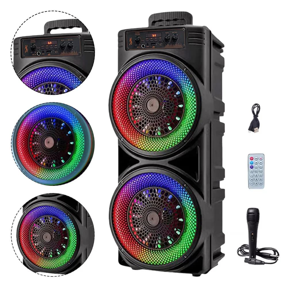 Bluetooth Speaker Portable with Double Subwoofer, Low Backgrounds, Lights, USB/TF/AUX/FM/BT/MIC, Long Battery Life for Open Party