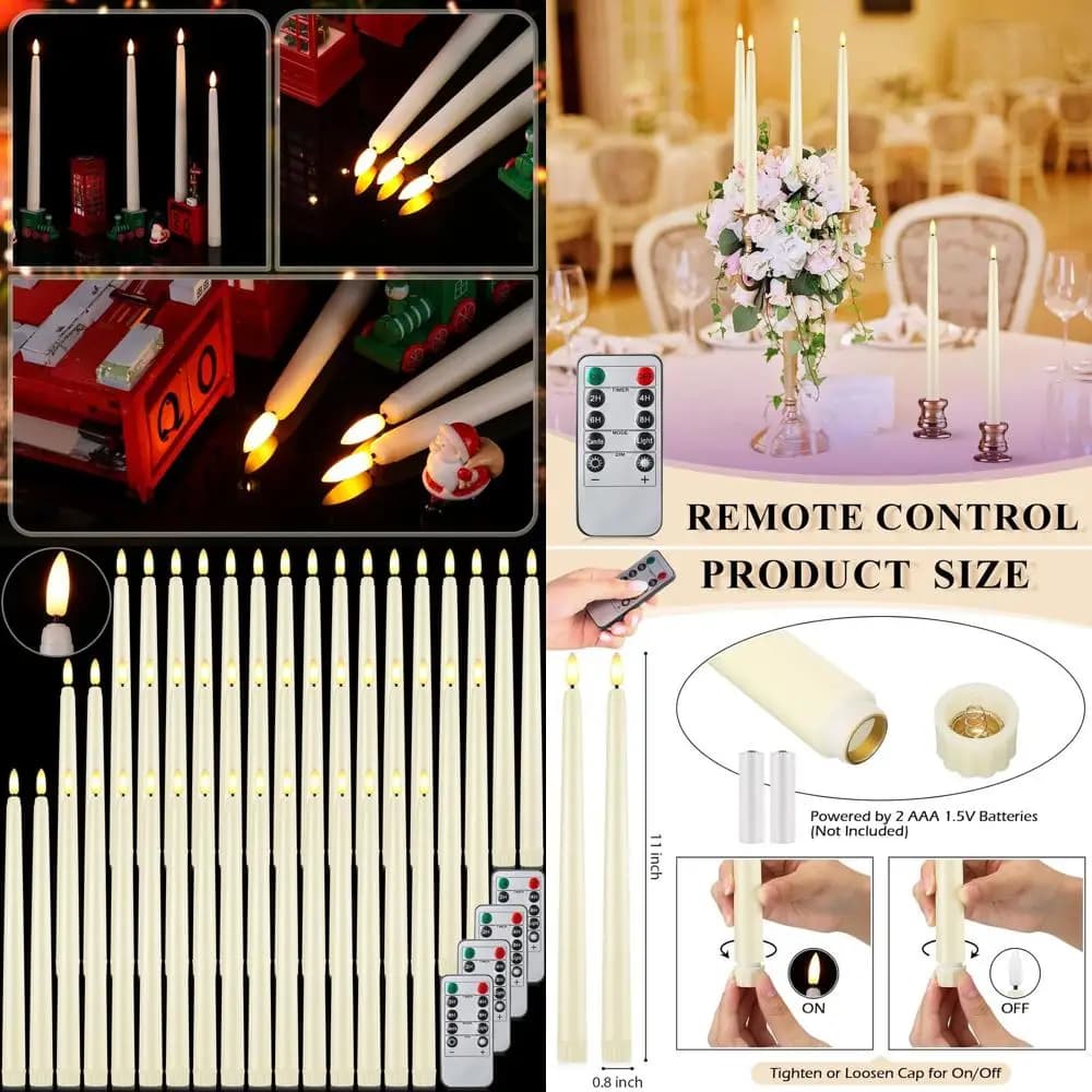 Set of 48 Battery LED Candles with Remote Control, 3D Stoppino, 28 cm, Ivory, for Weddings and Christmas