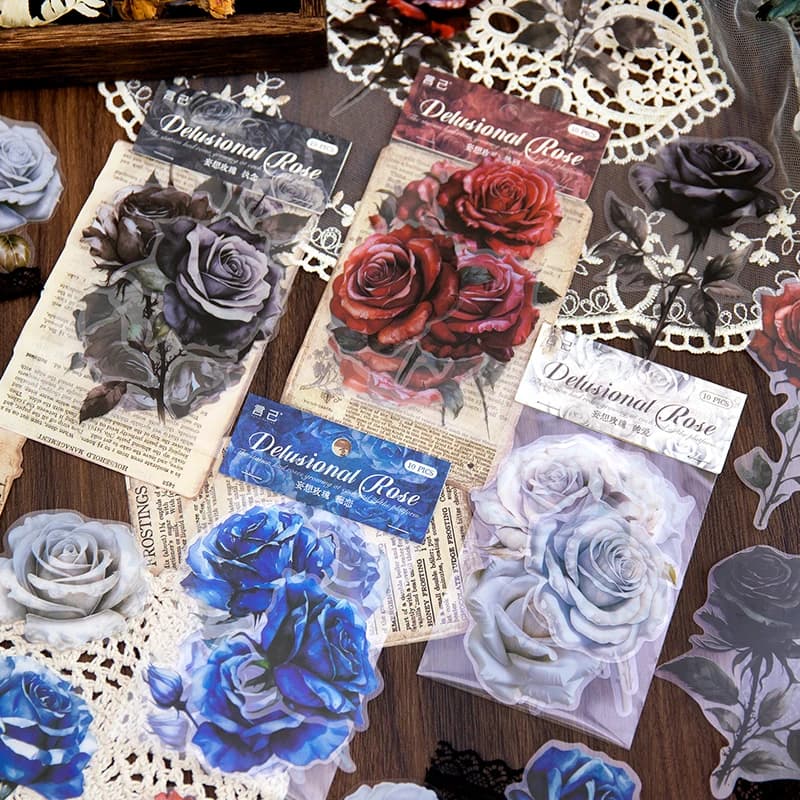 10 pcs/pack Large size rose Stickers Decorative Stick Labels Diary Album Scrapbooking material DIY junk journal supplies