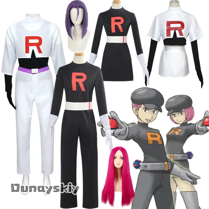 aBcDSs@2025 Jessie Musashi James Kojirou Costume Cosplay Gioco Team@Rocket Travestimento Nero/Withe Uniforme Gioco di ruolo di Halloween