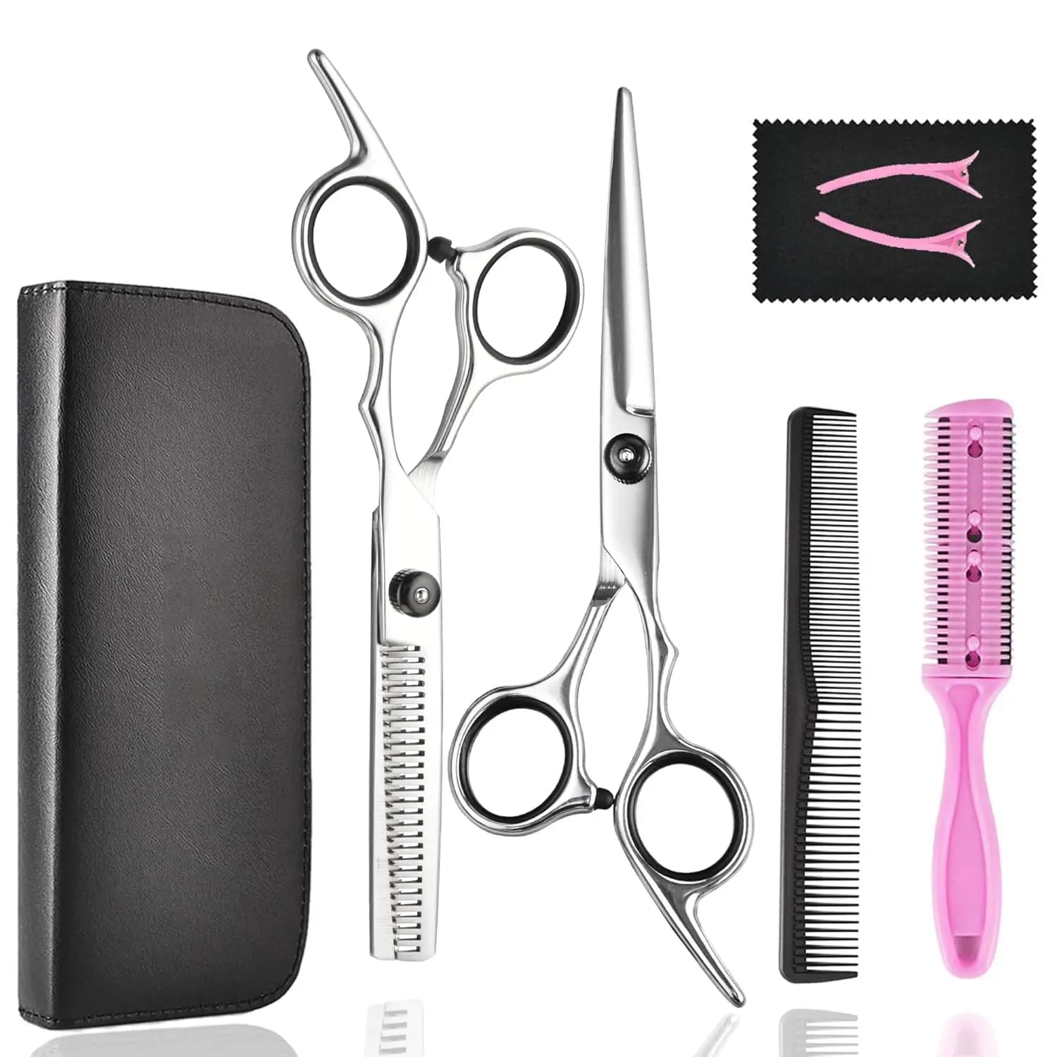 Kit forbici professionali per taglio capelli con cesoie per sfoltire, pettine per rasoio e custodia in pelle per uomo donna animale domestico - 7 pezzi