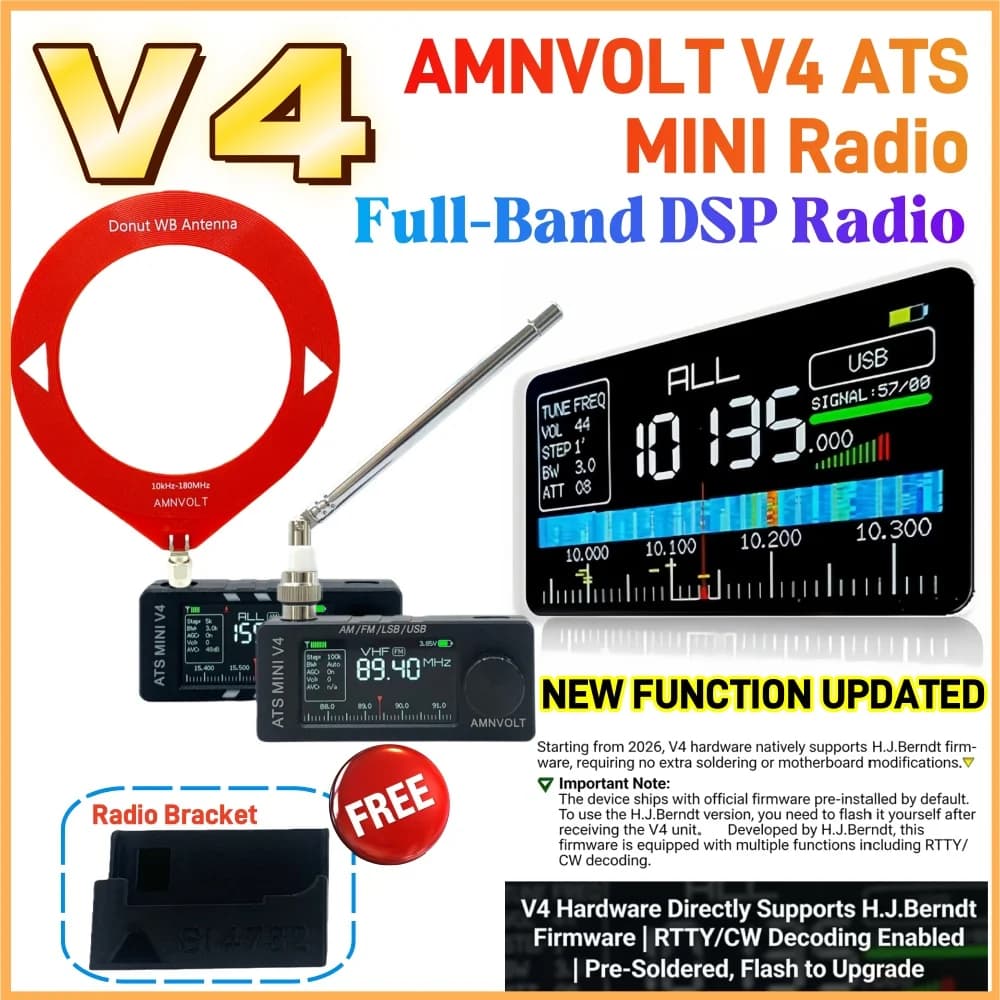 Radio AMNVOLT V4 ATS MINI Full-Band DSP con Supporto e Amplificatore per Cuffie, Ricevitore Radio AM FM Portatile con Schermo IPS da 1,9 Pollici
