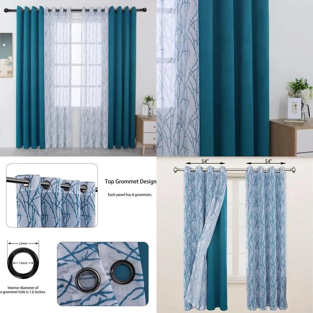 Transparent and Dark Curtains with Copper Printing Teal, 54x84 Inches, Set of 4 Bedroom Panels and Living Room