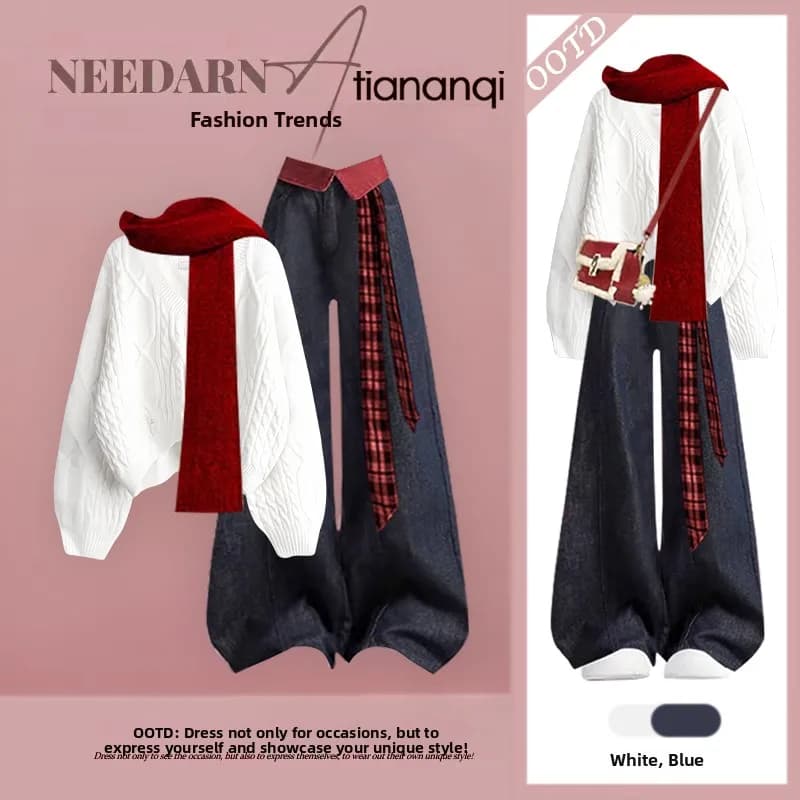 Set Due Pezzi Invernale: Maglione Lavorato a Maglia e Jeans, Serie Soft Sle Milk, Maglieria Intrecciata, Streetwear Trendy Femminile