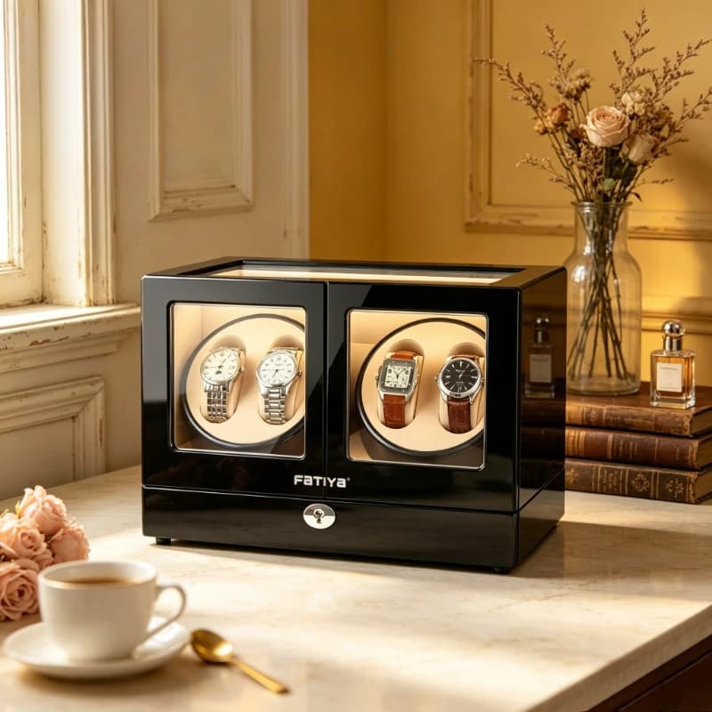 Wooden Automatic Watch Winder Box Quiet Anti-Magnetic Rotating Display Case with Light for Men Gift ABS Safe Storage Organizer