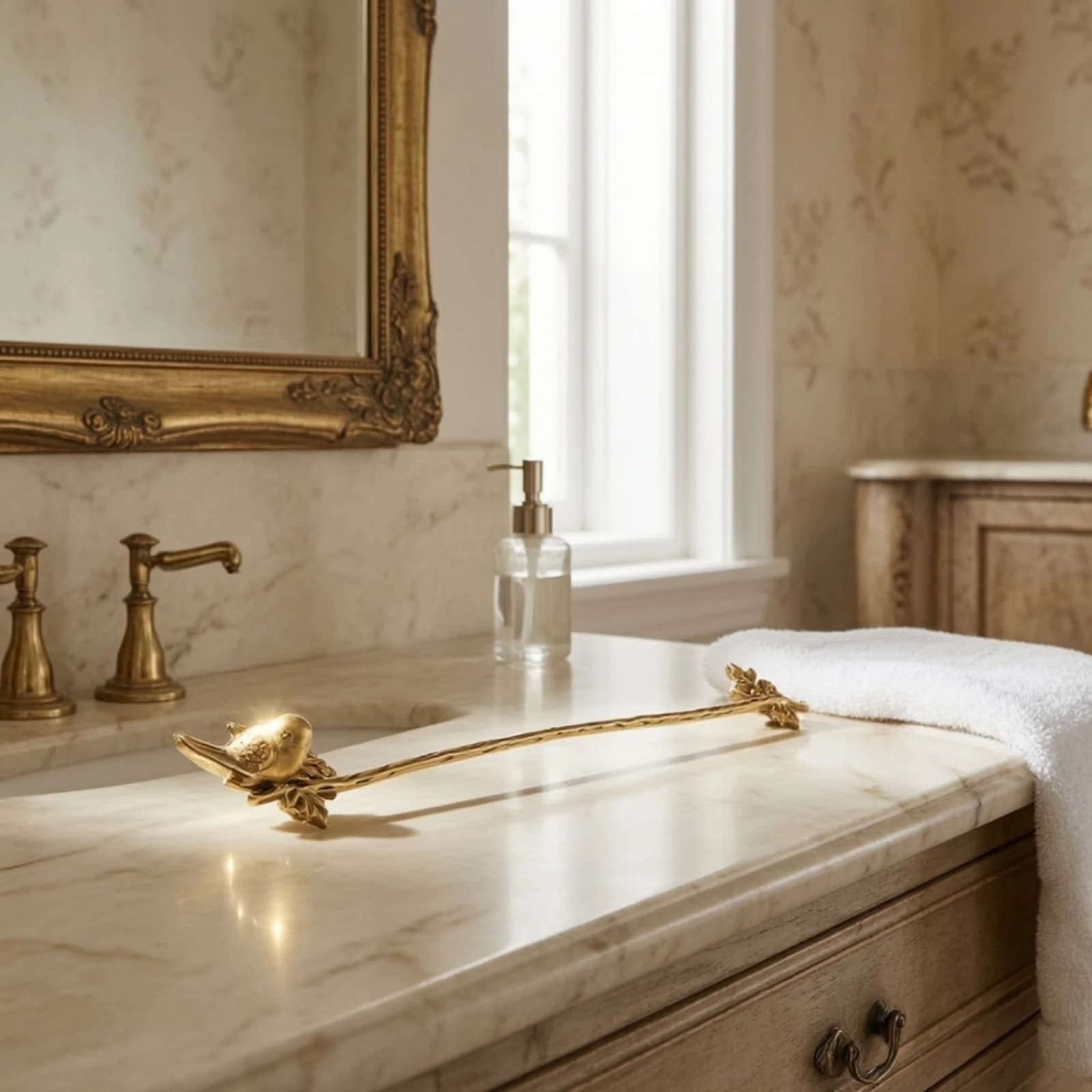 Towel Bar with Bird Motif Wall-Mounted Towel Rod with Floral Motif Hardware Antique Brass Vintage-Style for Bathroom