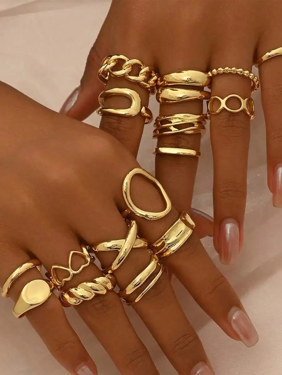 16pcs/Set Geometric Chic Heart Shaped Open-End Rings Set, European Style Luxury Design, Unique Fashion Rings For Women