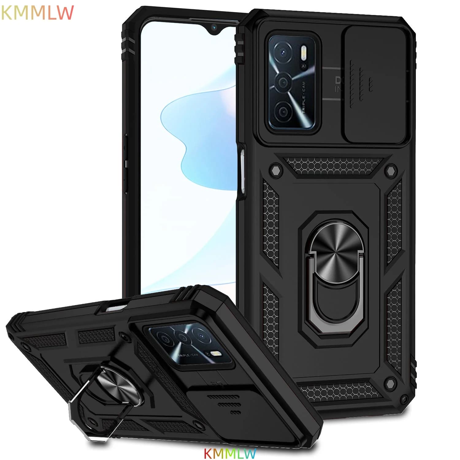 Custodia Armor con Anello di Supporto Antiurto e Protezione Lente per OPPO A16 A54 A55 A57 A74 A77
