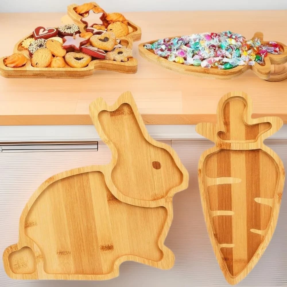 Rabbit Wooden Serving Platter Carrot Shape Rustic Style Easter Rabbit Candy Plates Decorative Plates Dried Fruits Plates