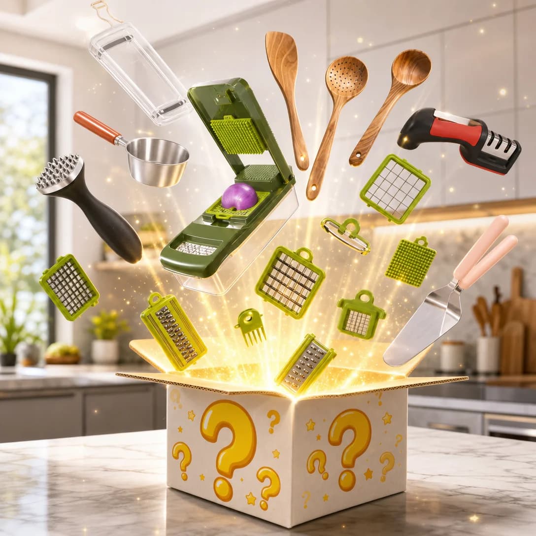 Scatola a sorpresa di gadget da cucina assortiti, utensili da cucina e accessori per la conservazione casuali, confezione regalo misteriosa per uso domestico.