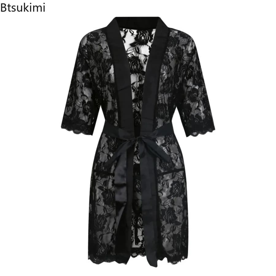 Camicia da notte sexy da uomo alla moda nuova vedere attraverso indumenti da notte trasparenti accappatoio in pizzo e perizoma regolabile set di lingerie esotica per la casa