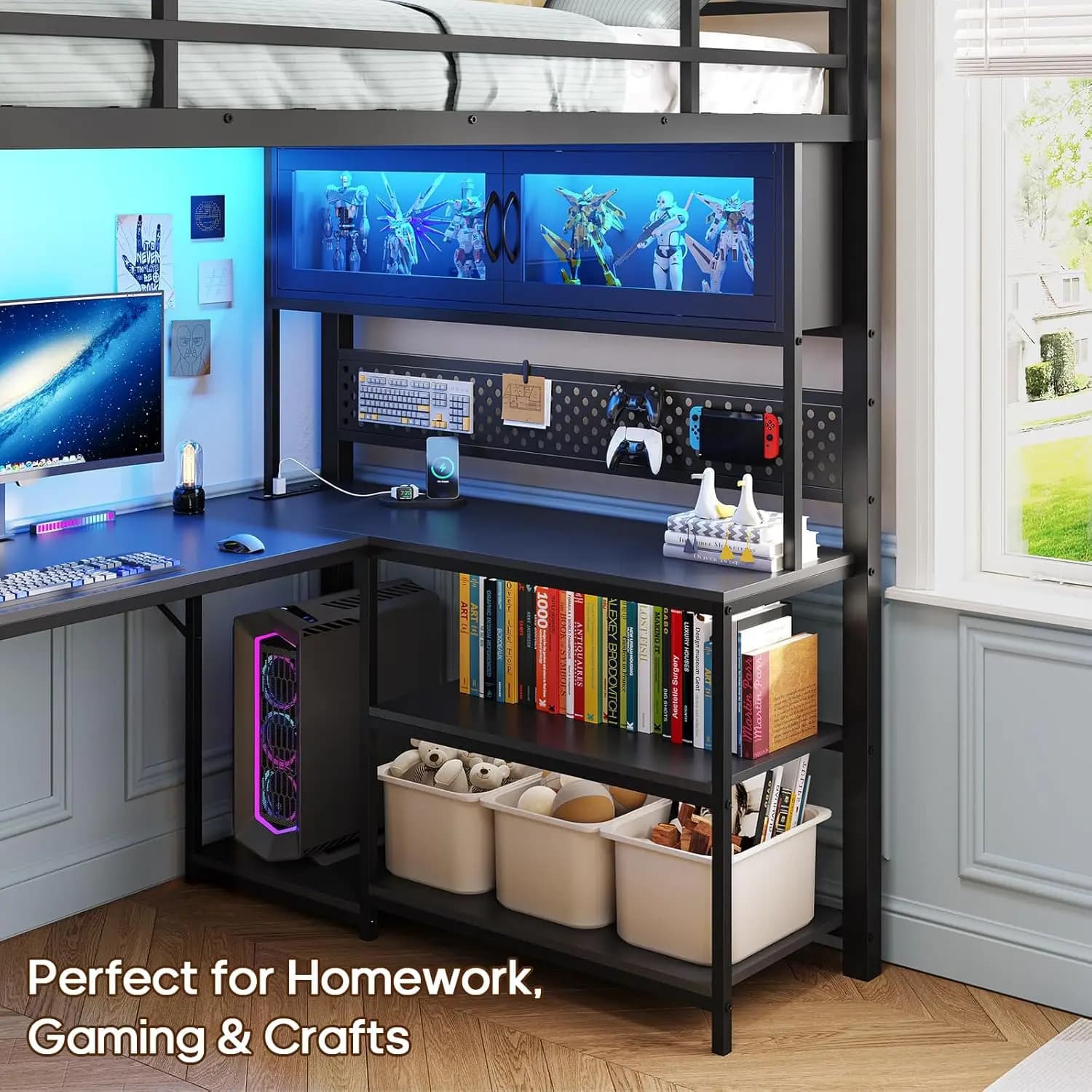Twin Loft Bed with L-Shaped Gaming Desk, Storage Drawers, Hutch, Power Outlet & RGB Lights