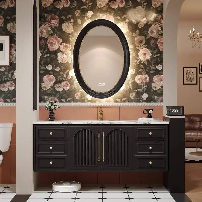 Mobiletto da bagno in legno a specchio, da parete, vintage, rotondo, lavabo, mobiletto da bagno, mobile ad angolo, da bagno