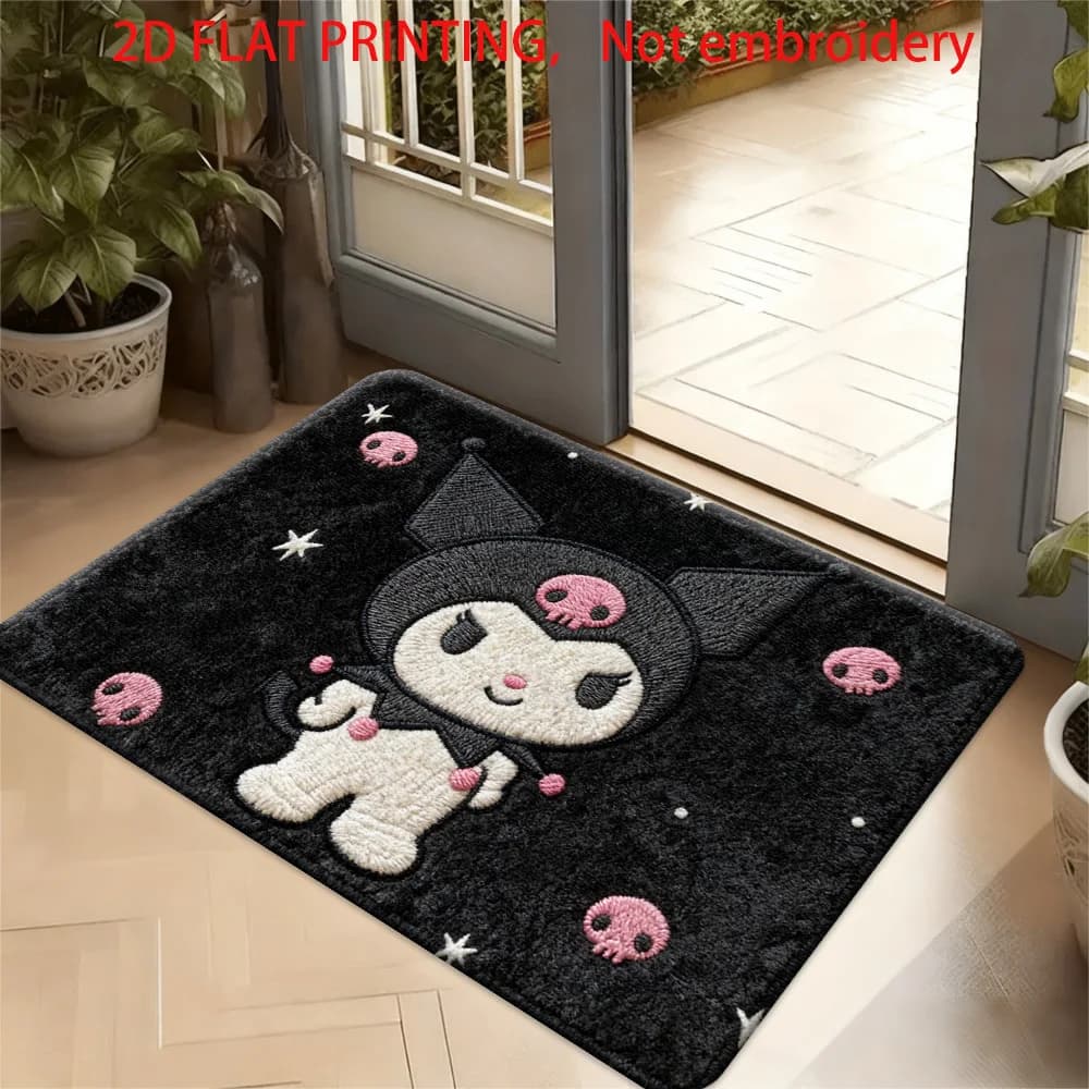 1 tappetino in poliestere con stampa piatta 2D Sanrio, tappetino in flanella Kuromi, comodo tappeto da interno per camera da letto, morbido al tatto.