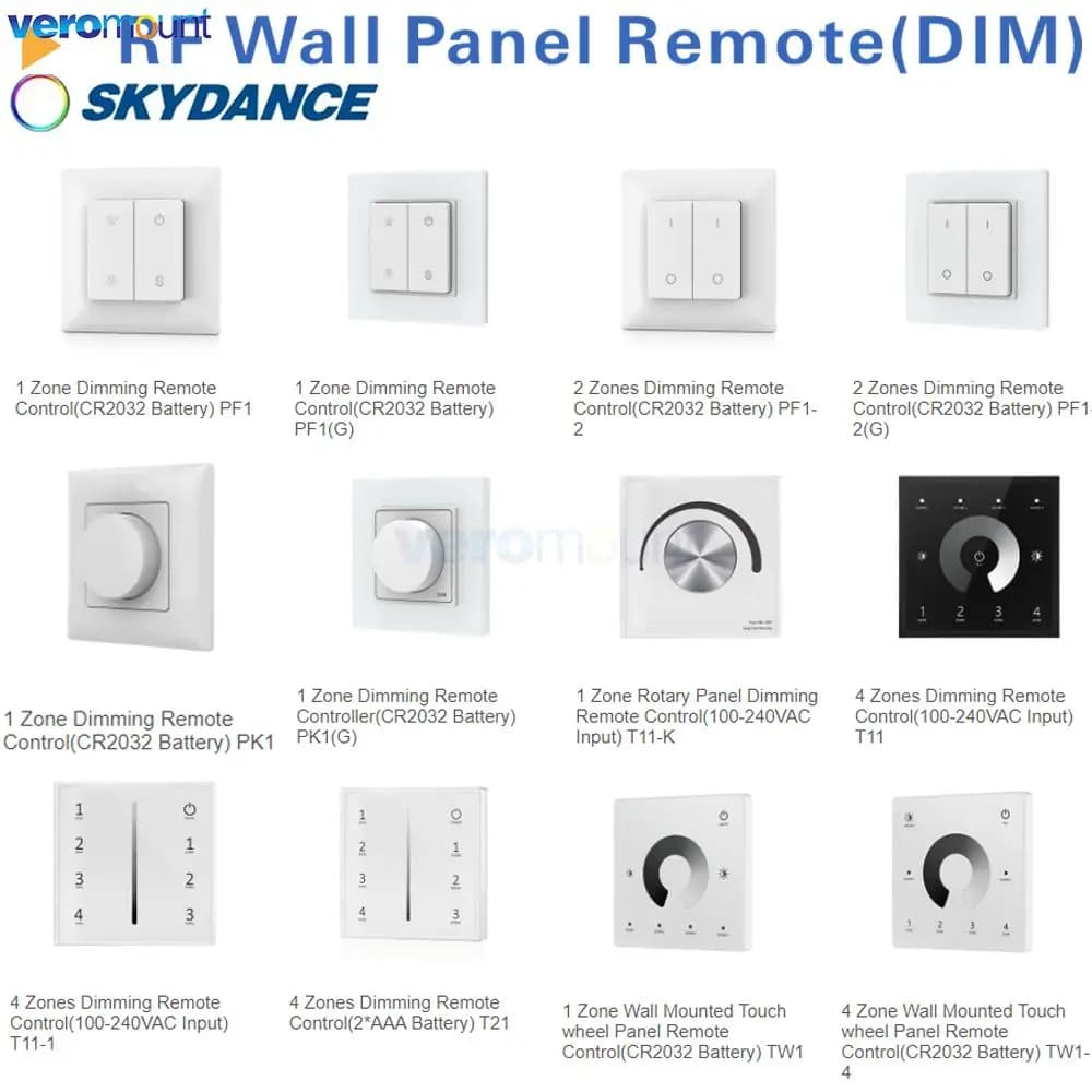 Skydance 2.4G RF Wireless Dimming Panl Remote 1 2 4Zone Touch Manopola Rotante Montaggio a parete PF1-2 PK1 T11-K T11 T11-1 T21 TW1-4 TW1 PF1