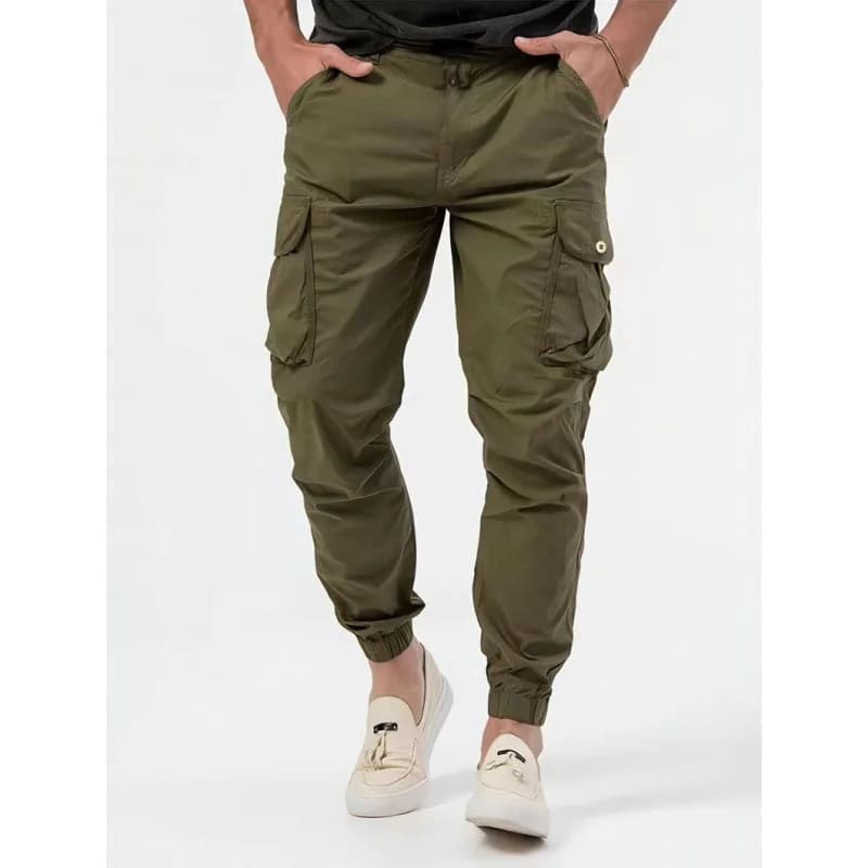 Men's Solid Cargo Jogger Pants Multi Side Pockets Belted Elastic Cuff Casual Outdoor Woven Trousers