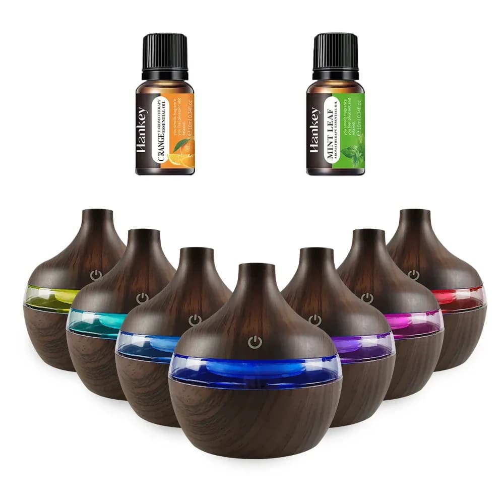 Set Diffusore di Aromi LED Colorato da Tavolo in 3 Stili, Umidificatore da 300ml con Effetto Legno, Alimentato USB, con 2 Oli Gratuiti per Casa e Ufficio