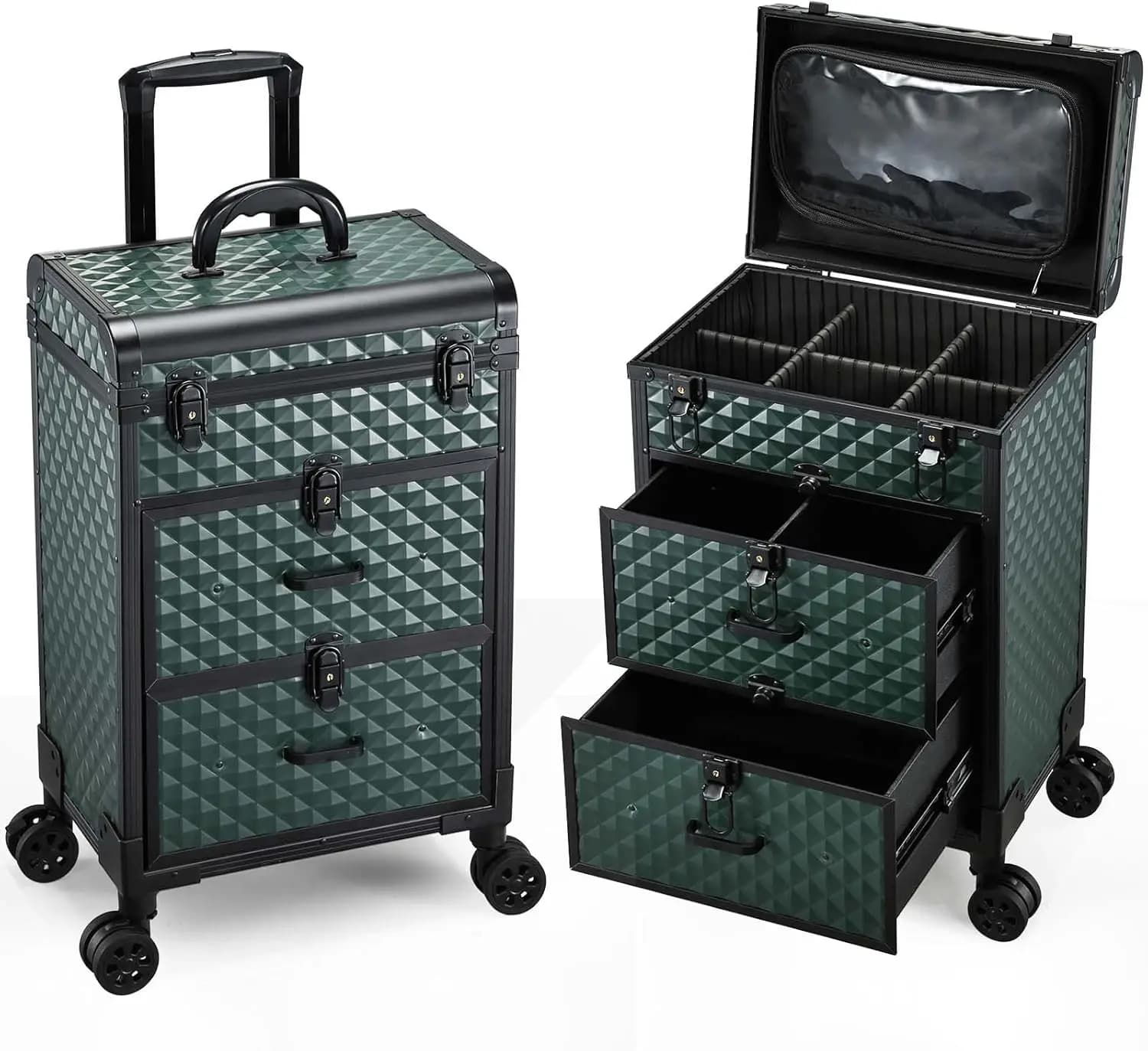 Valigia Trucco Professionale con Ruote e Cassetti per Viaggi, Nail Art e Acconciature, Verde Scuro