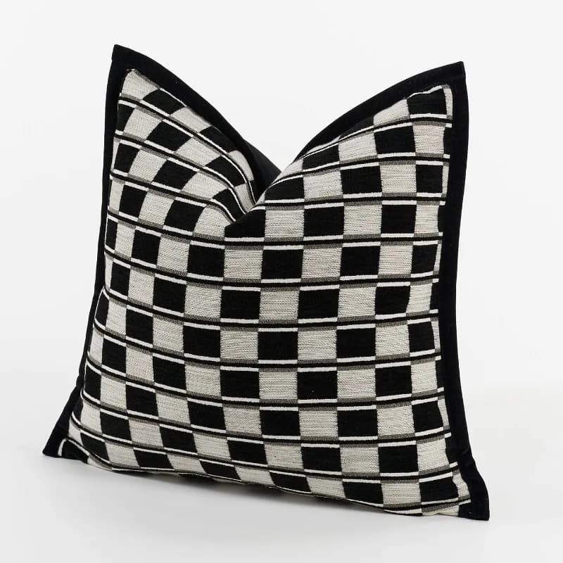 Modern Black and White Checkered Cushion Cover Premium Quality Chenille Pillow Case with Black Border Versatile Home Decor