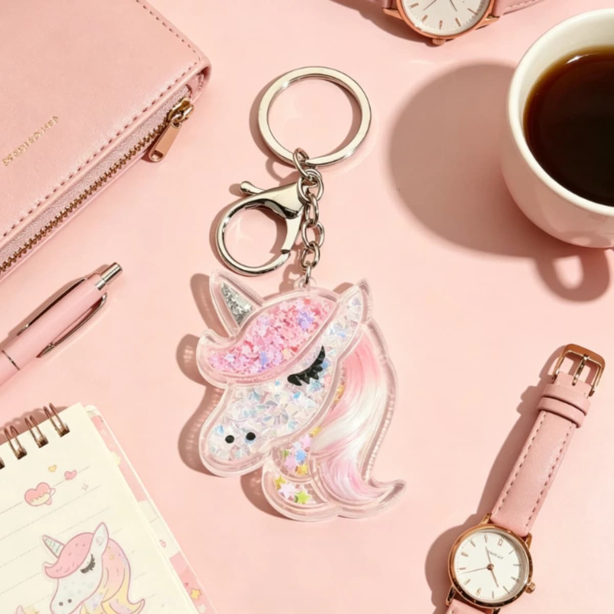 Cute Floating Star Quicksand Unicorn Keychain Transparent Acrylic Unicorn Dangle Charm School Backpack Ornament For Young Ladies
