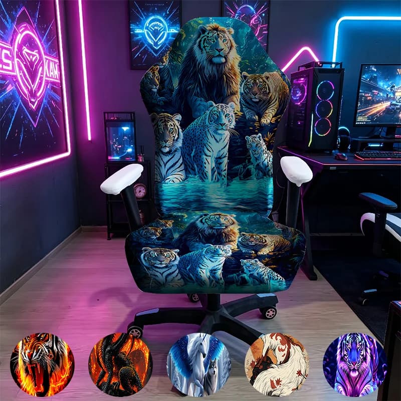 Jungle Tiger Lion Snow Leopard Gaming Chair Cover, Stretch Elastic Anti-Scratch Slipcover for Gamer & Office Chair