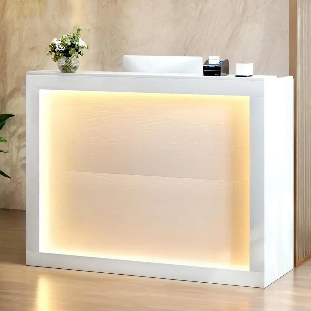 Bancone per Negozi Illuminato a LED da 55 Pollici con Spazio di Archiviazione e Gestione Cavi, Bianco