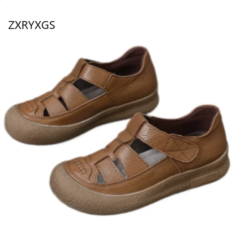 ZXRYXGS Promotion Top Layer Cowhide Women's Sandals 2026 Summer Round Toe Hollow Comfort Breathable Sneaker Casual Flat Sandals