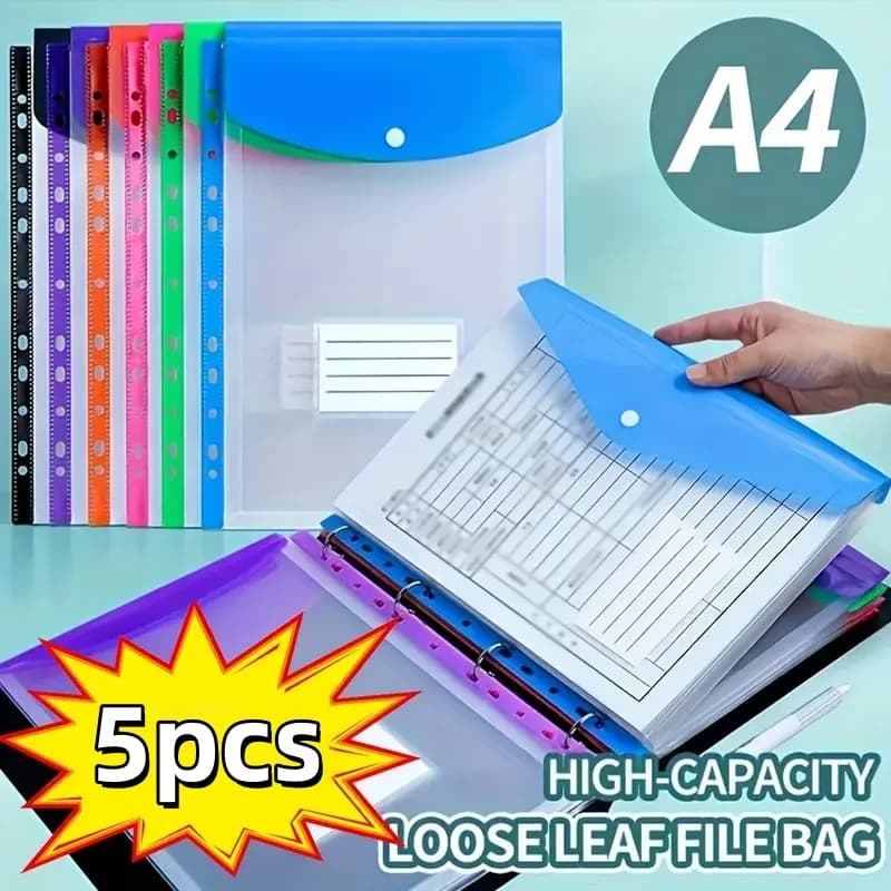 Confezione da 5 cartelle portadocumenti A4 colorate | Tasche per Raccoglitori a 11 Anelli | Organizer in PP Resistente | Per Scuola, Ufficio e Casa | Pulsante di sicurezza
