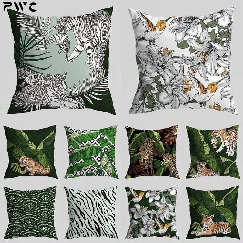 Fodera per cuscino con motivo stampa tigre verde tropicale per la decorazione del divano di casa in poliestere quadrato