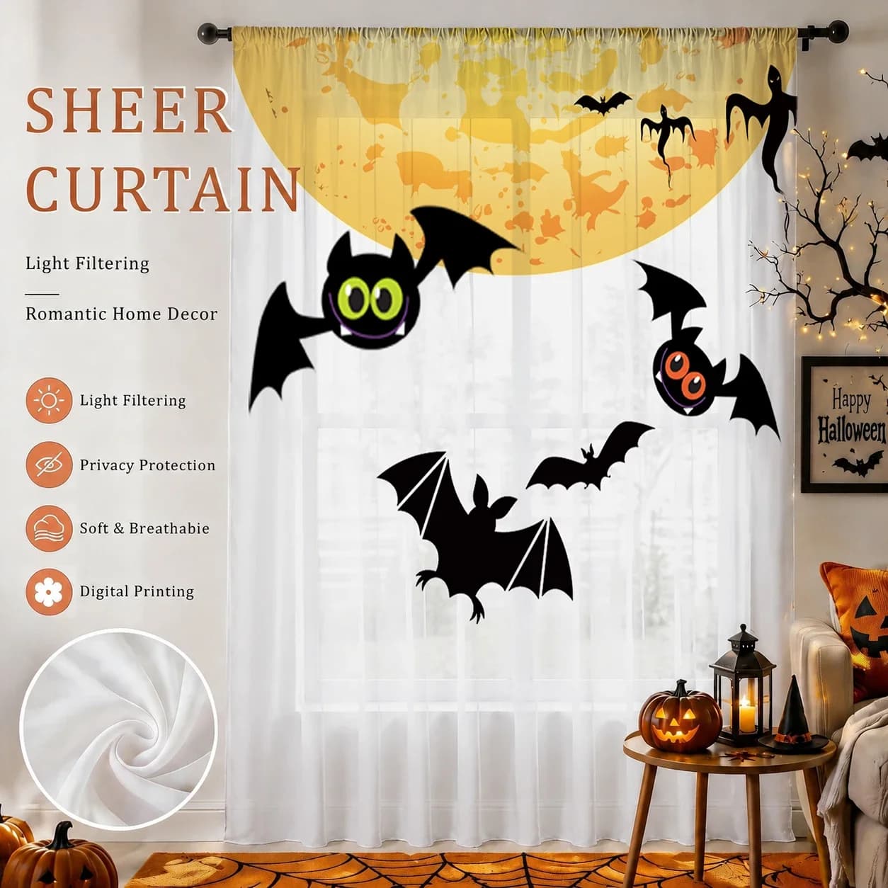 Halloween Day Gradient Sheer Curtain, Good Quality Light Reducing Privacy Voile for Living/Bedroom/Kids Room,Mother's Day Gift