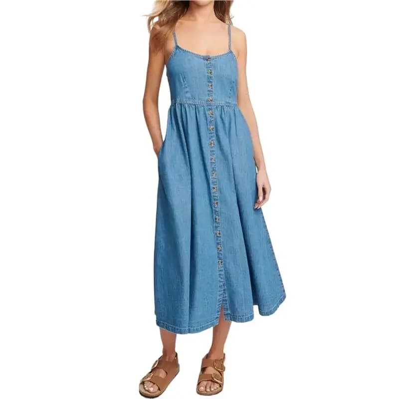 CYL-Women Sleeveless Spaghetti Strap Scoop Neck Denim Dresses Button Up Flowy A-Line Jean Dress