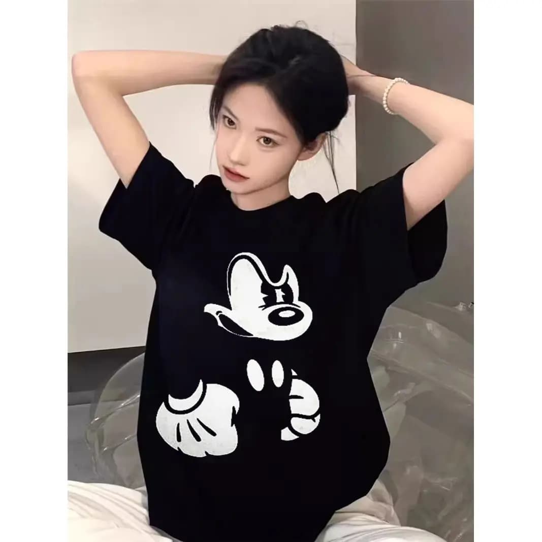 T-shirt Oversize Nera Mickey Mouse con Stampa Grafica Bianca, Casual a Maniche Corte, Estiva, da Donna, Streetwear Estetica Y2K