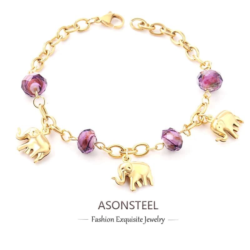 ASONSTEEL Braccialetti a catena con perline viola con ciondolo elefante alla moda per donna Accessori pendenti con bracciale in acciaio inossidabile color oro
