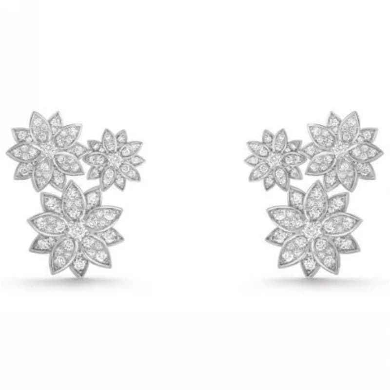 Silver Plated Double Floral Cluster Stud Earrings with Paved CZ Design
