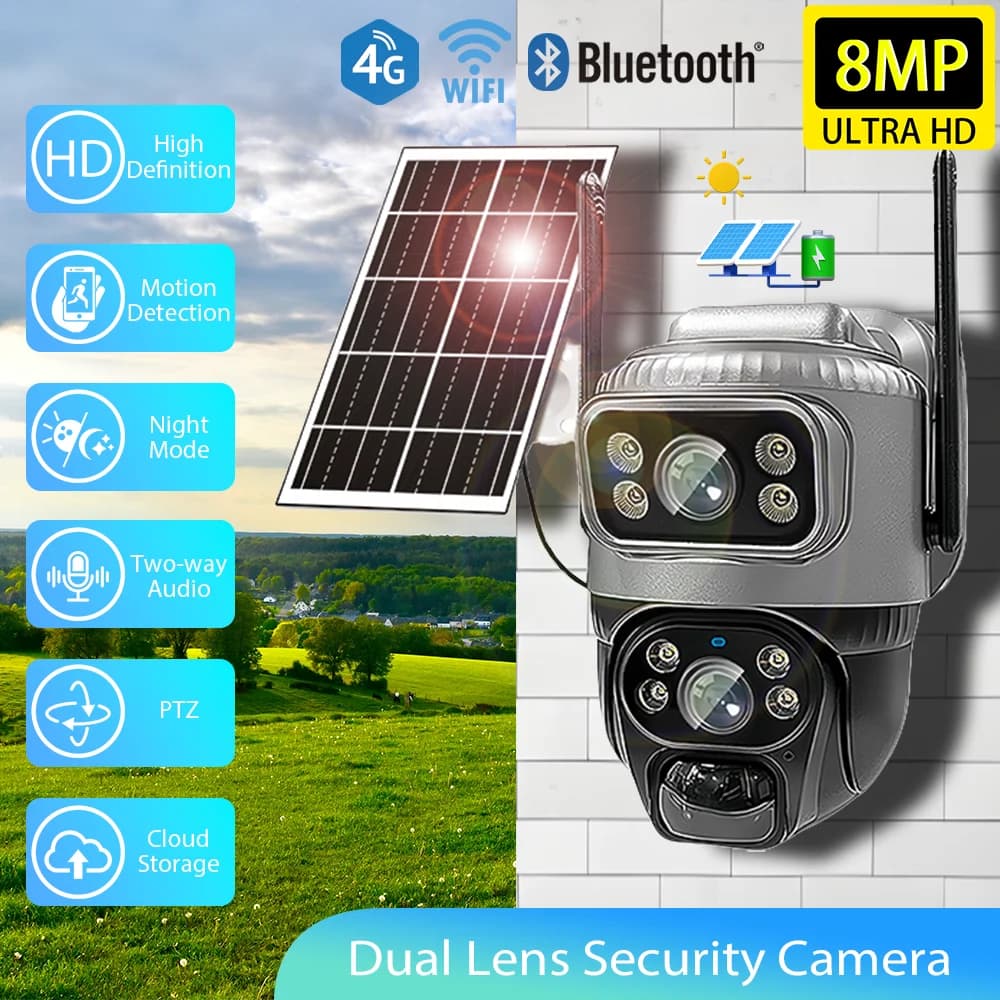 8MP Solar 4G Camera, Solar External Wireless Surveillance Camera, CCTV CCTV Camera PTZ with AI Human Detection, HD Security Camera